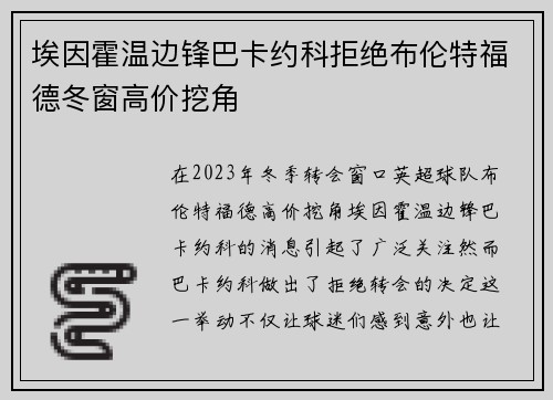 埃因霍温边锋巴卡约科拒绝布伦特福德冬窗高价挖角